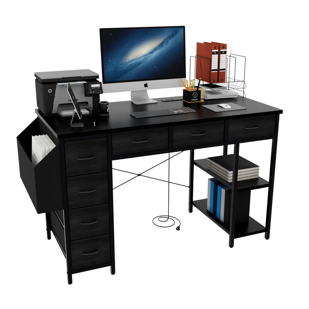 47.3' Computer Desk with 7 Drawers, Extra Large Side Pocket, and Power Outlets – Ideal for Home Office, Study, or Gaming –  Black