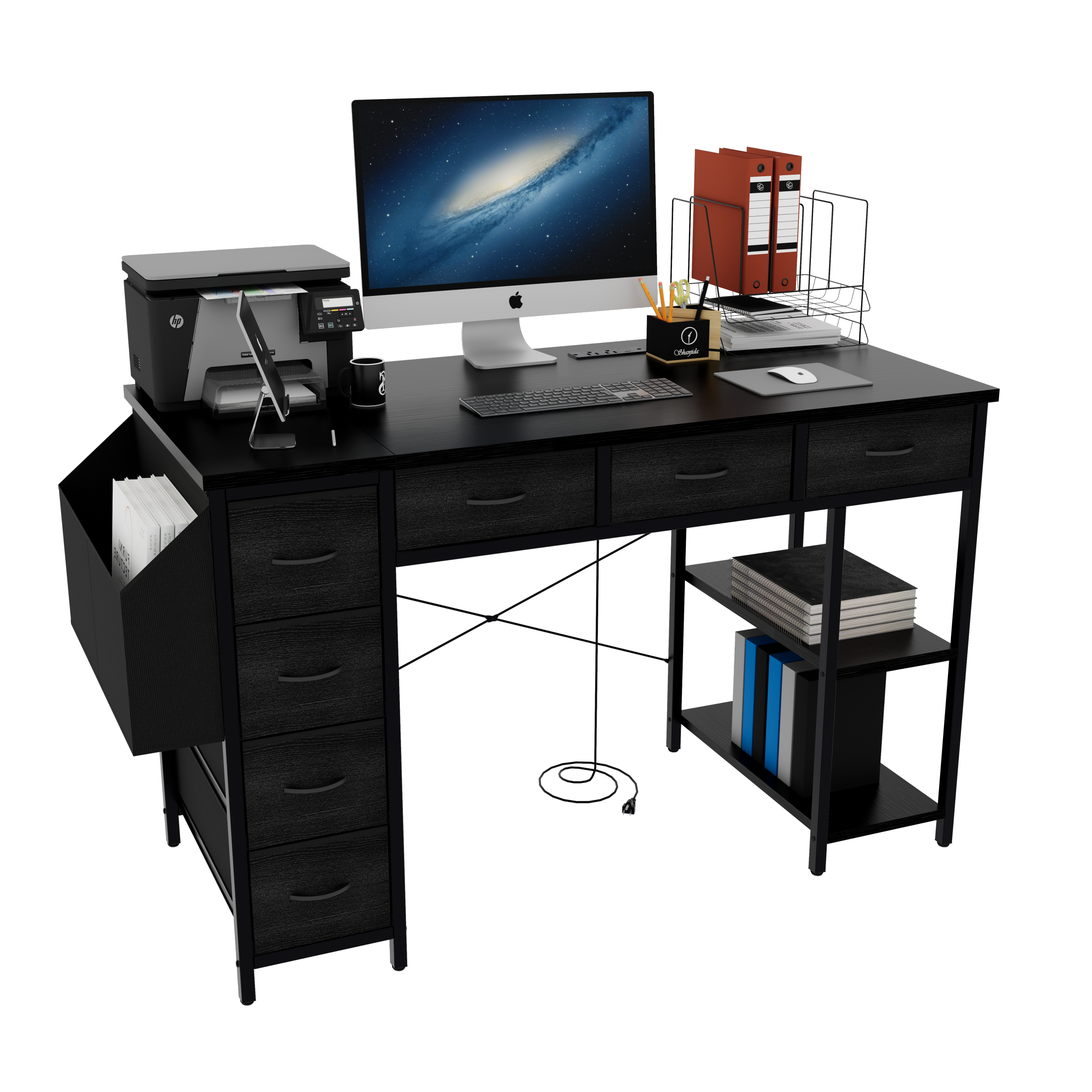 47.3' Computer Desk with 7 Drawers, Extra Large Side Pocket, and Power Outlets – Ideal for Home Office, Study, or Gaming –  Black