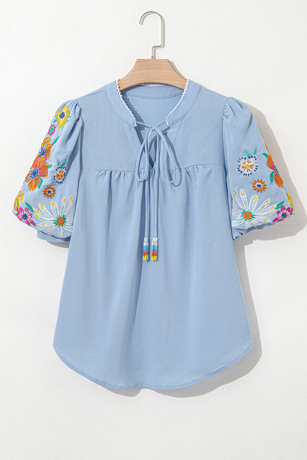 Floral Embroidered Puff Sleeve Split Neck Blouse