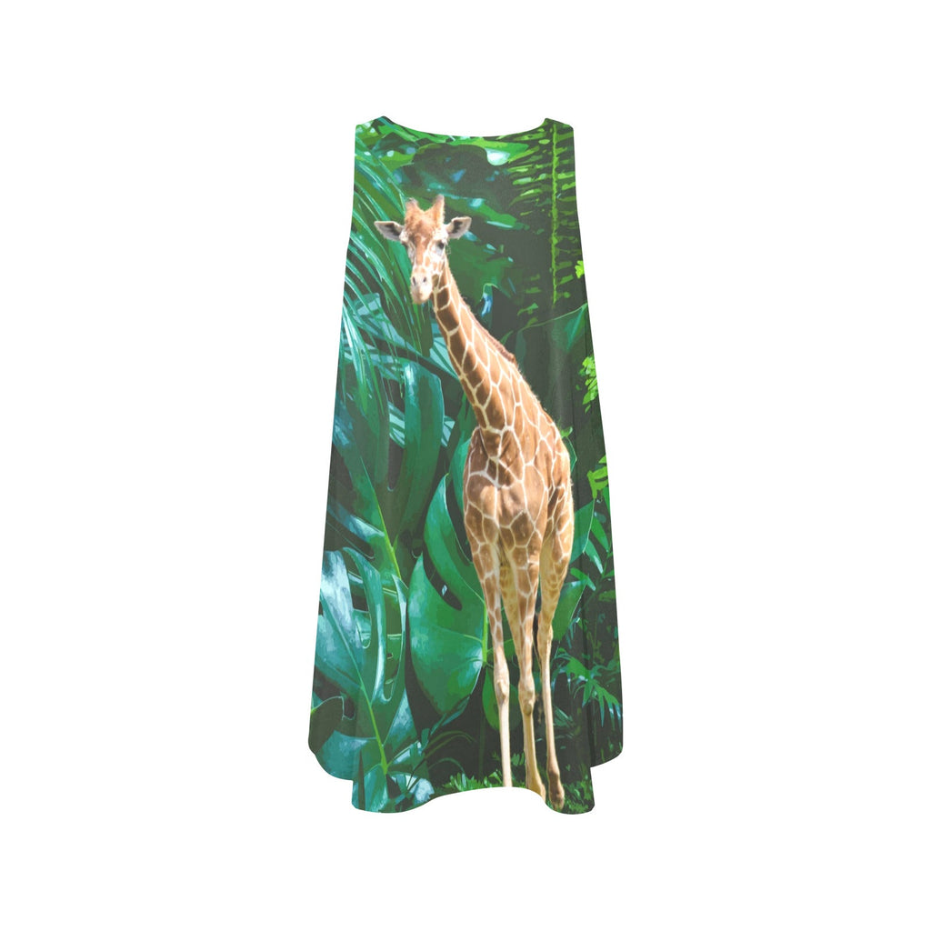 Giraffe Surrounded by Greenery Sleeveless A-Line Short Dress with Pockets