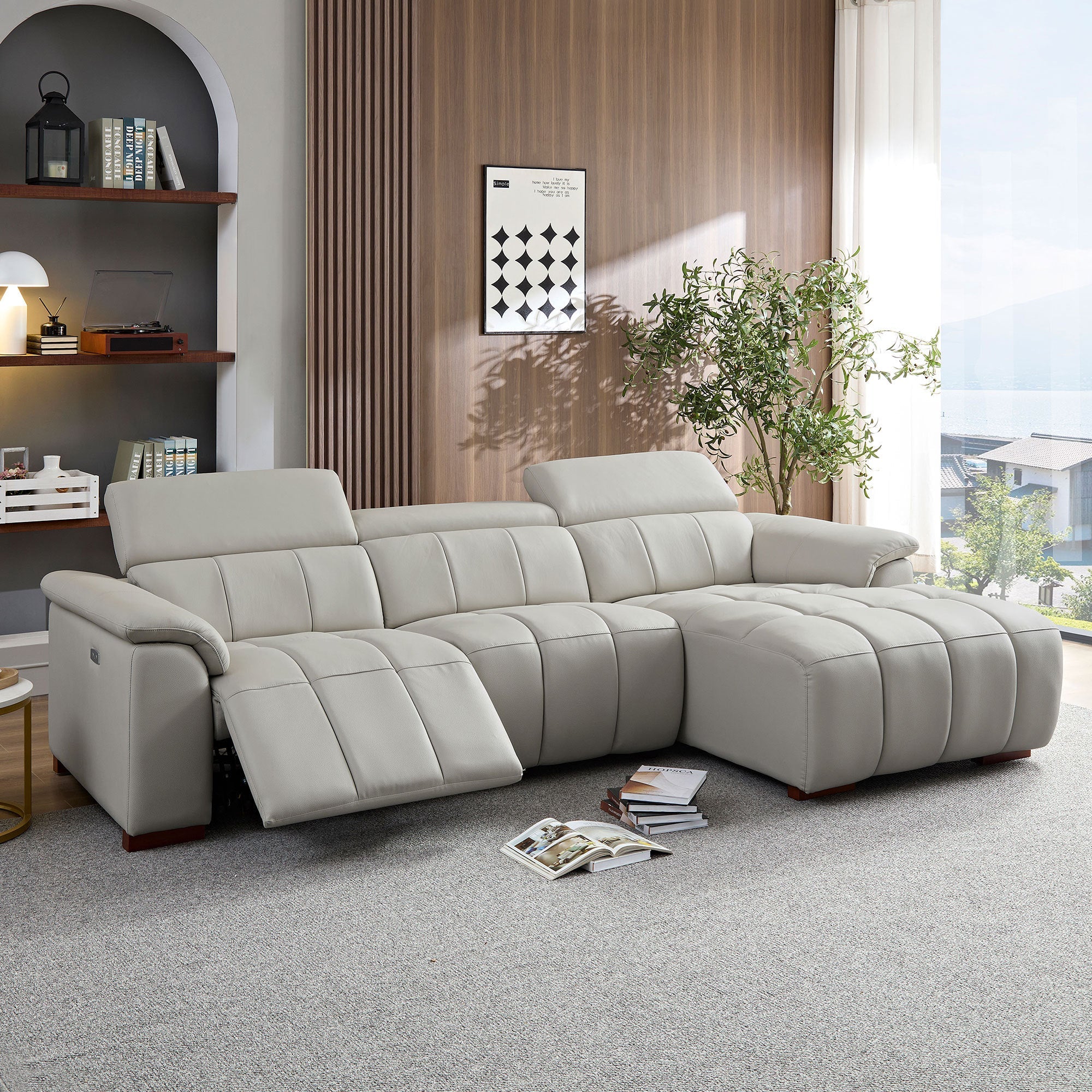 Wall-Hugger Reclining Sofa Modern Electric Control Genuine Leather L Shaped Couch,Lounge Seat Theater Seating Furniture with USB Port, Sofa with Headrest & Footrest for Living Room,Apartment,Office