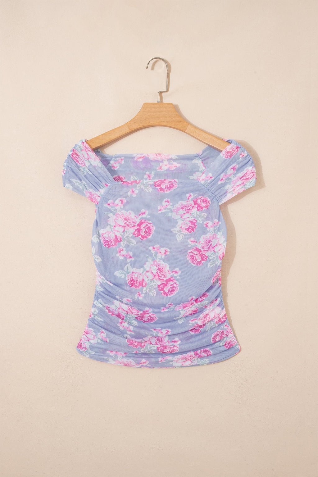 Floral Mesh Square Neck Cap Sleeve Ruched Top