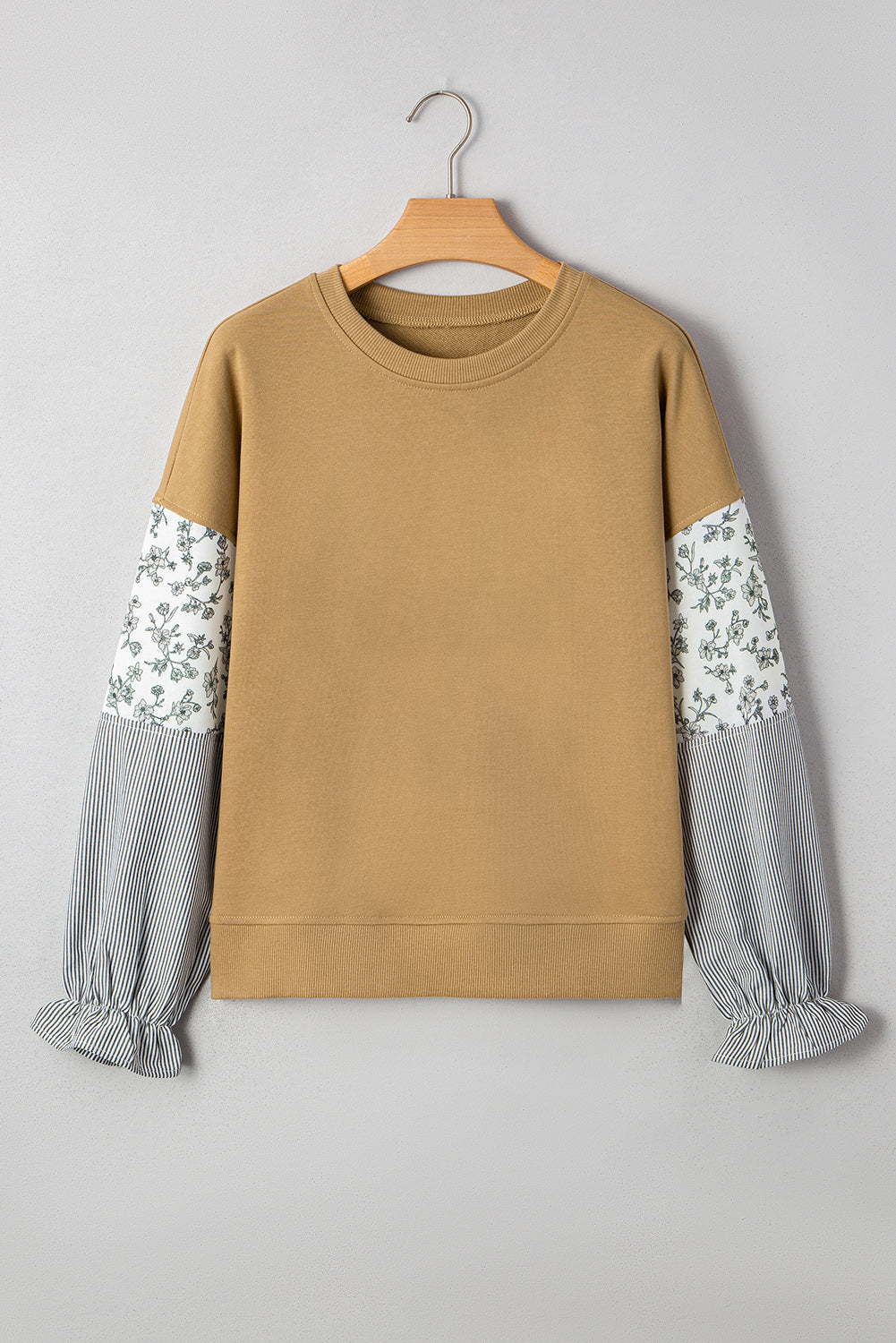 Floral Stripe Patchwork Ruffle Sleeve Crewneck Sweatshirt