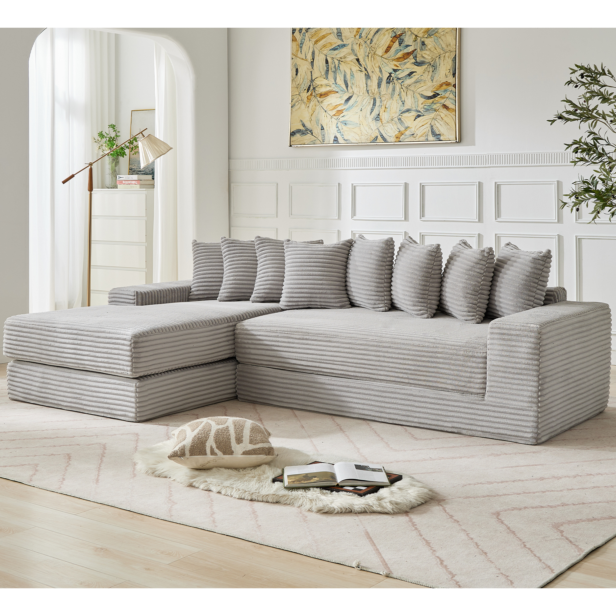 [NEW ARRIVED] [VIDEO PROVIDED]   Oversize Cloud Couch, L-Shape Sofa, Convertible Floor Sleeper Sofa Bed,  No Assembly ,Eight pillows,3-in-1,Side Pocket,(Left Facing Sofa),3 Seat,Corduroy,Light Gray