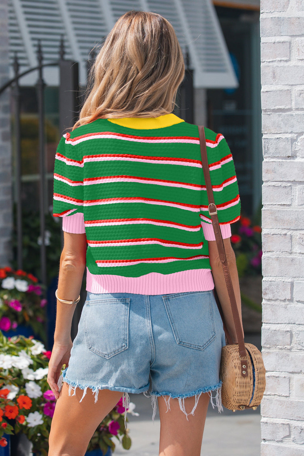 Stripe Colorblock Trim 3/4 Sleeve Sweater Top