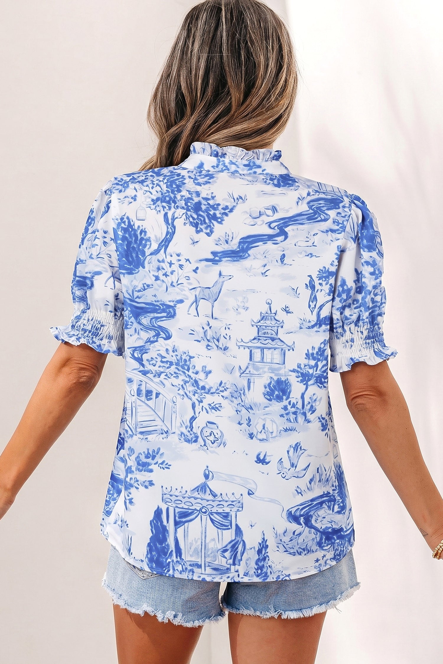 Floral Stripe Contrast V-Neck Puff Sleeve Blouse