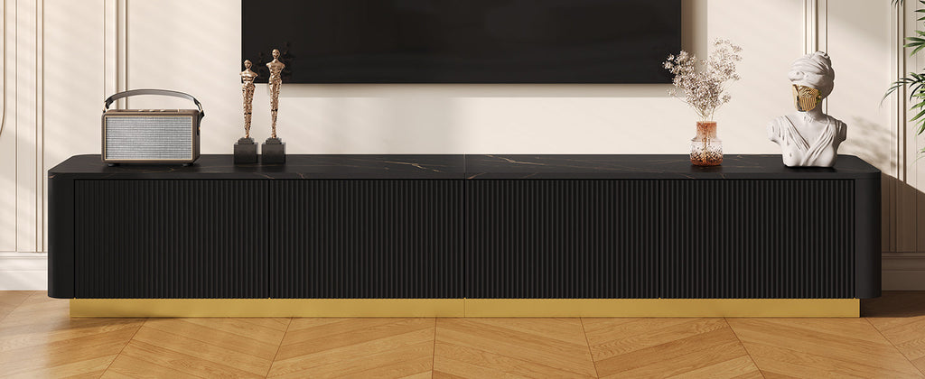 ON-TREND Luxury Fluted TV Stand for TVs Up to 85', Faux Marble Tabletop Media Console with 4 Drawers, Curved Profile Design, Modern Entertainment Center with Gold Base for Living Room, Black