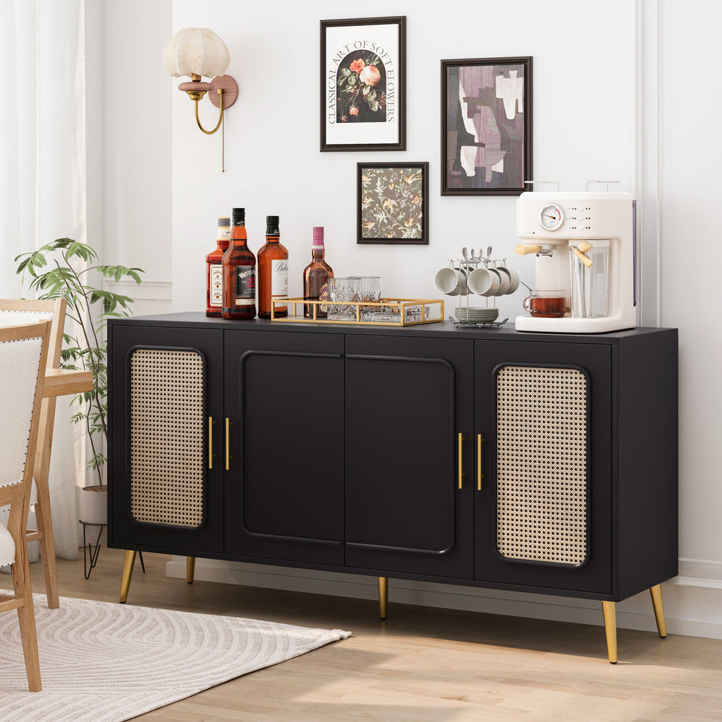 59.84' Vintage Four-Door Cabinet, Plastic Rattan, Suitable For Living Room, Dining Room, Bedroom(Black)