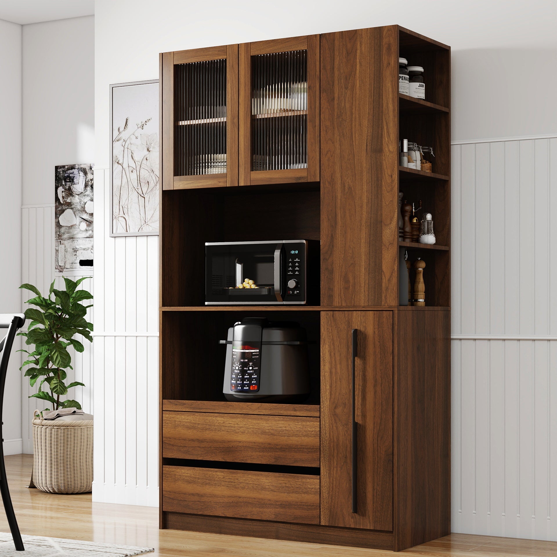 70.87' Tall Kitchen Pantry Cabinet with multi-functional pull-out multi-tier storage shelf,  4-Tier side Shelf, 2 Drawers,with Glass Door,Freestanding Food Hutch with Microwave Stand for Dining Room