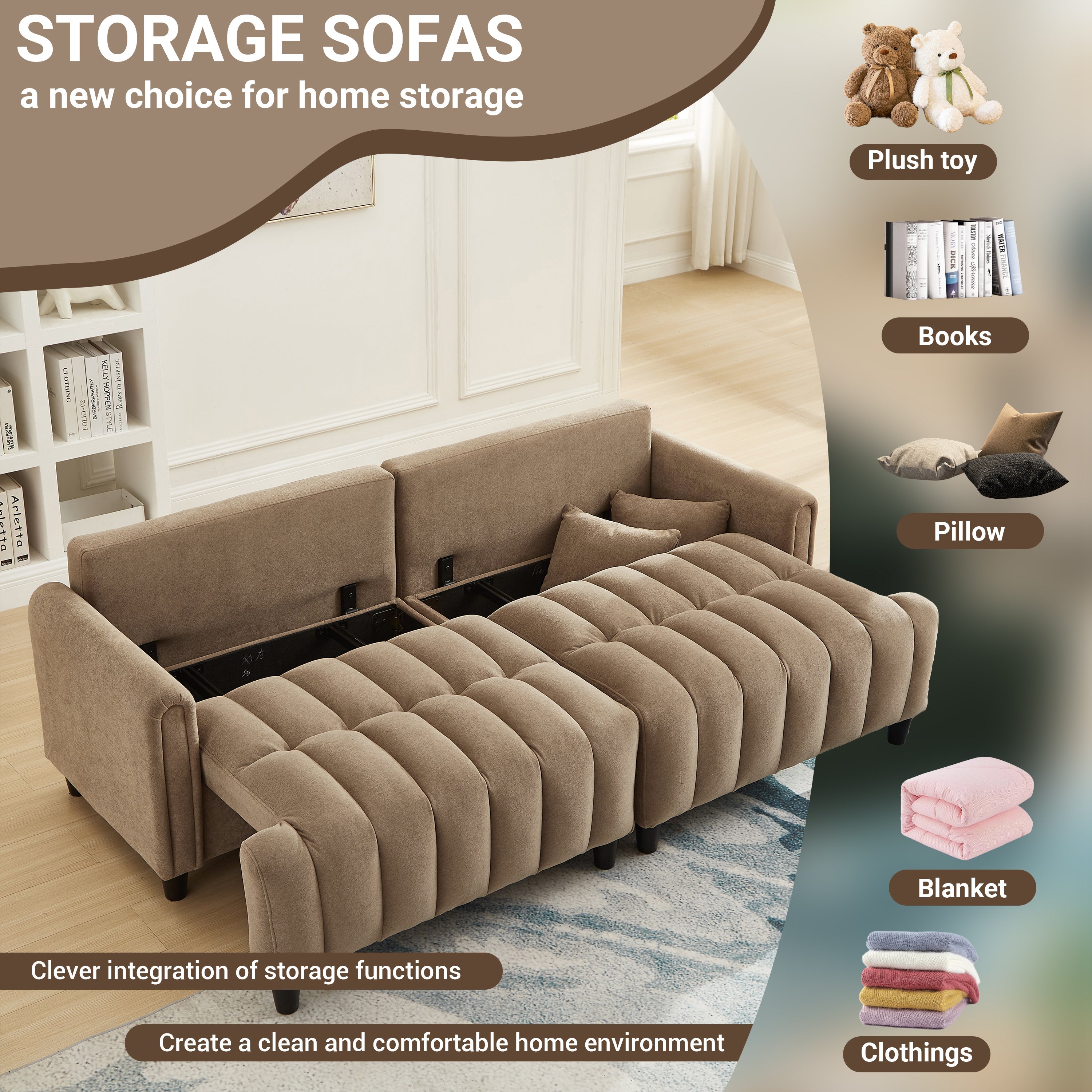 83''  Futon Sofa Bed, Polyester Fabric Comfy Futon Couch Bed with 2 Square Pillows, Convertible Sleeper Sofa with Adjustable Backrest,  Modern Loveseat Sleeper for Living Room, Brown