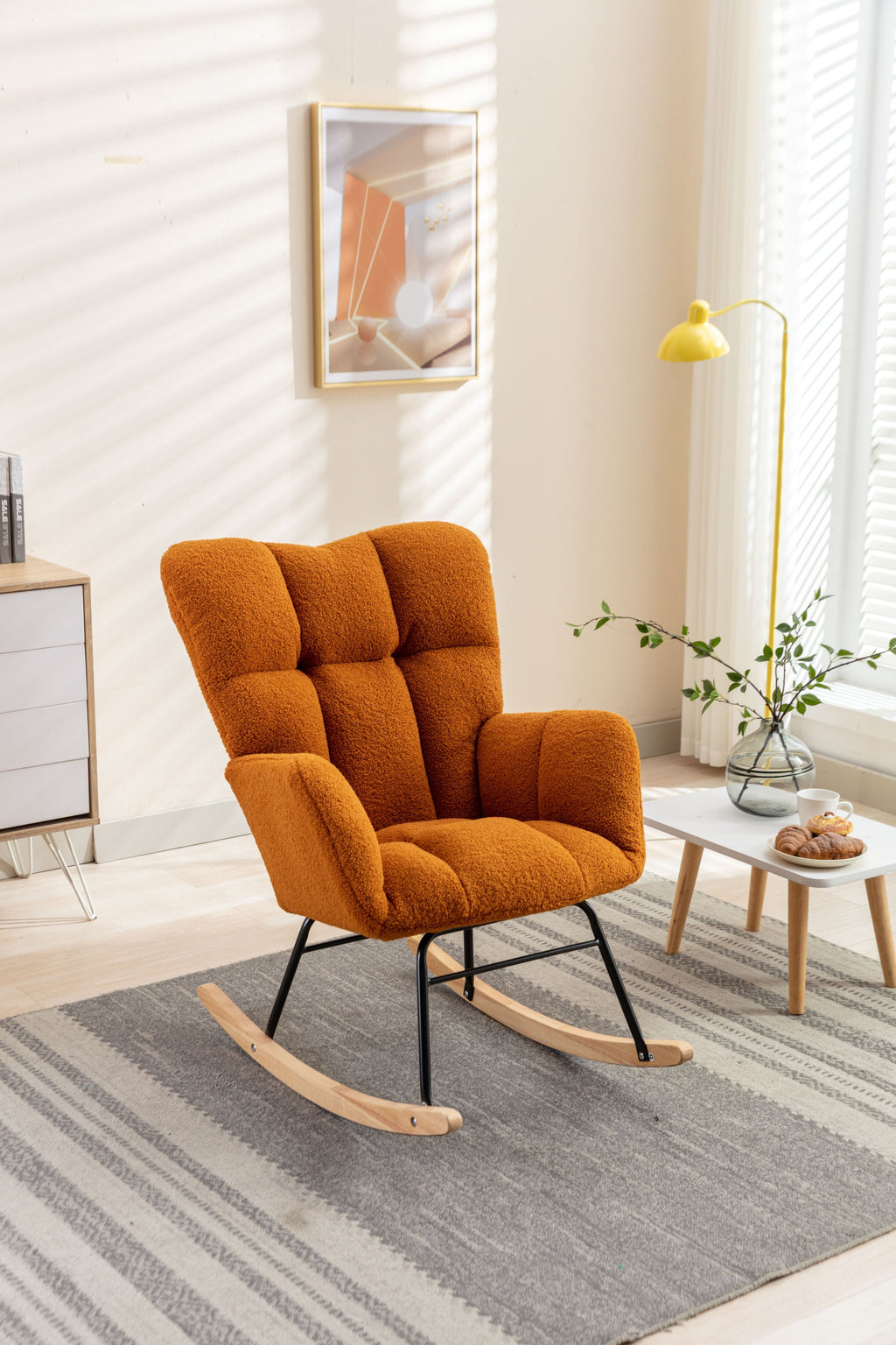 050-Teddy Fabric Rocking Gilder Nursery Chair For Living Room Indoor,Caramel