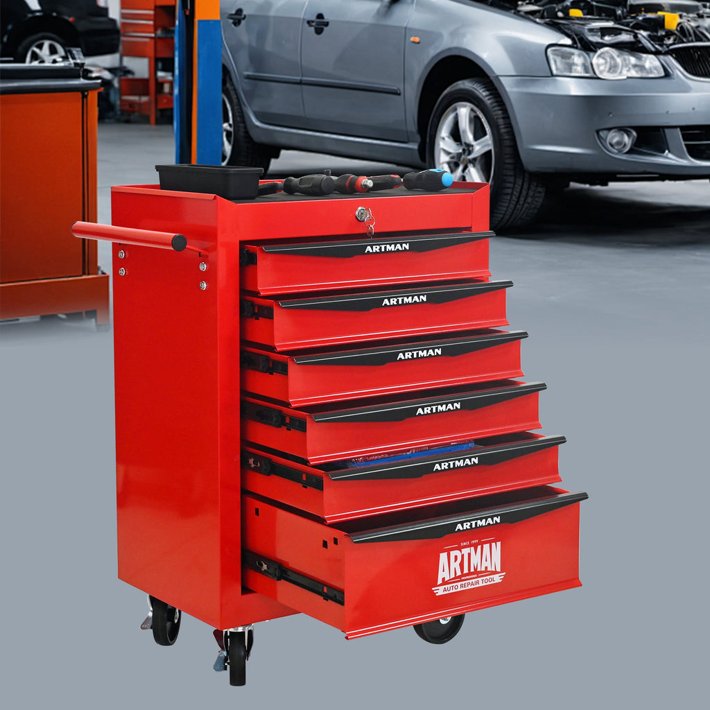 Rolling Metal Tool Chest with 6 Drawers, 20' Steel Storage Cabinet with Ball Bearing Slides, Red and Black Finish