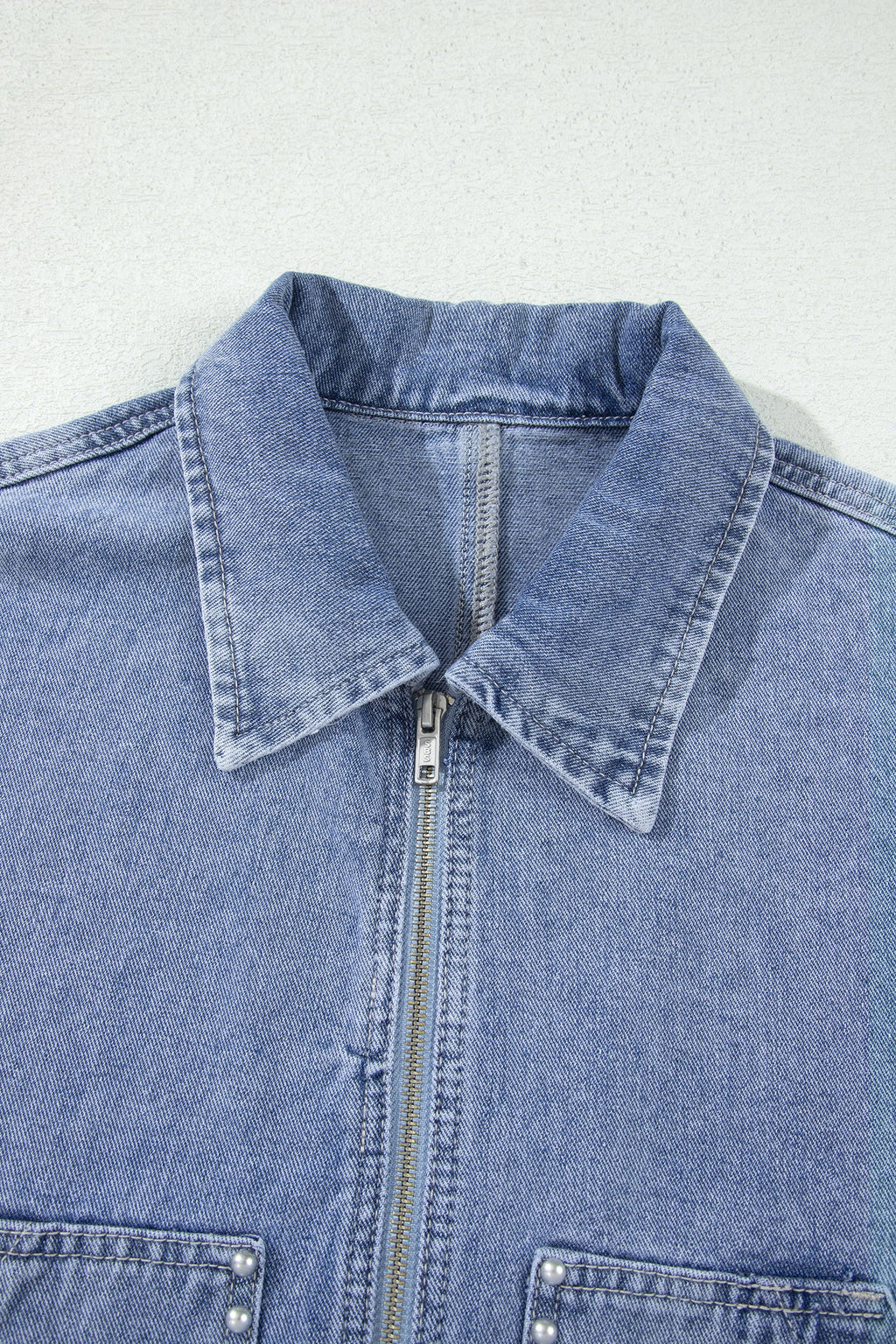 Denim Studded Pockets Zip-Up Long Sleeve Jacket