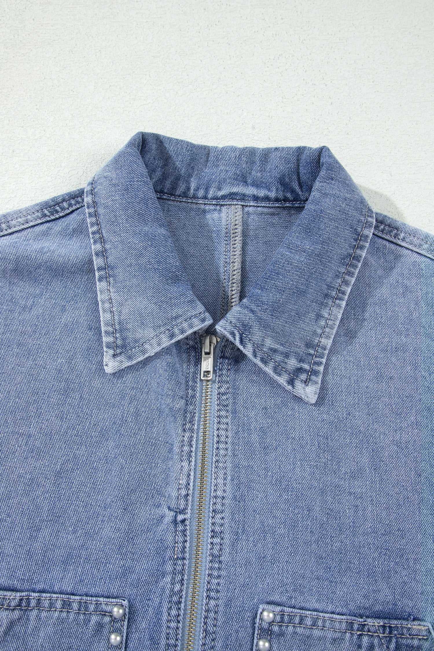 Denim Studded Pockets Zip-Up Long Sleeve Jacket