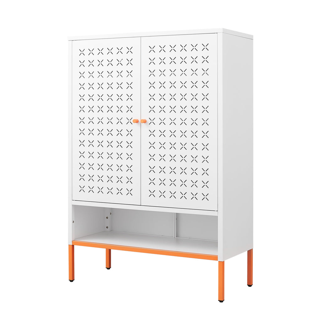 Grid Double Door Shoe Cabinet with Adjustable Compartments and Moisture-Proof Design in White Metal