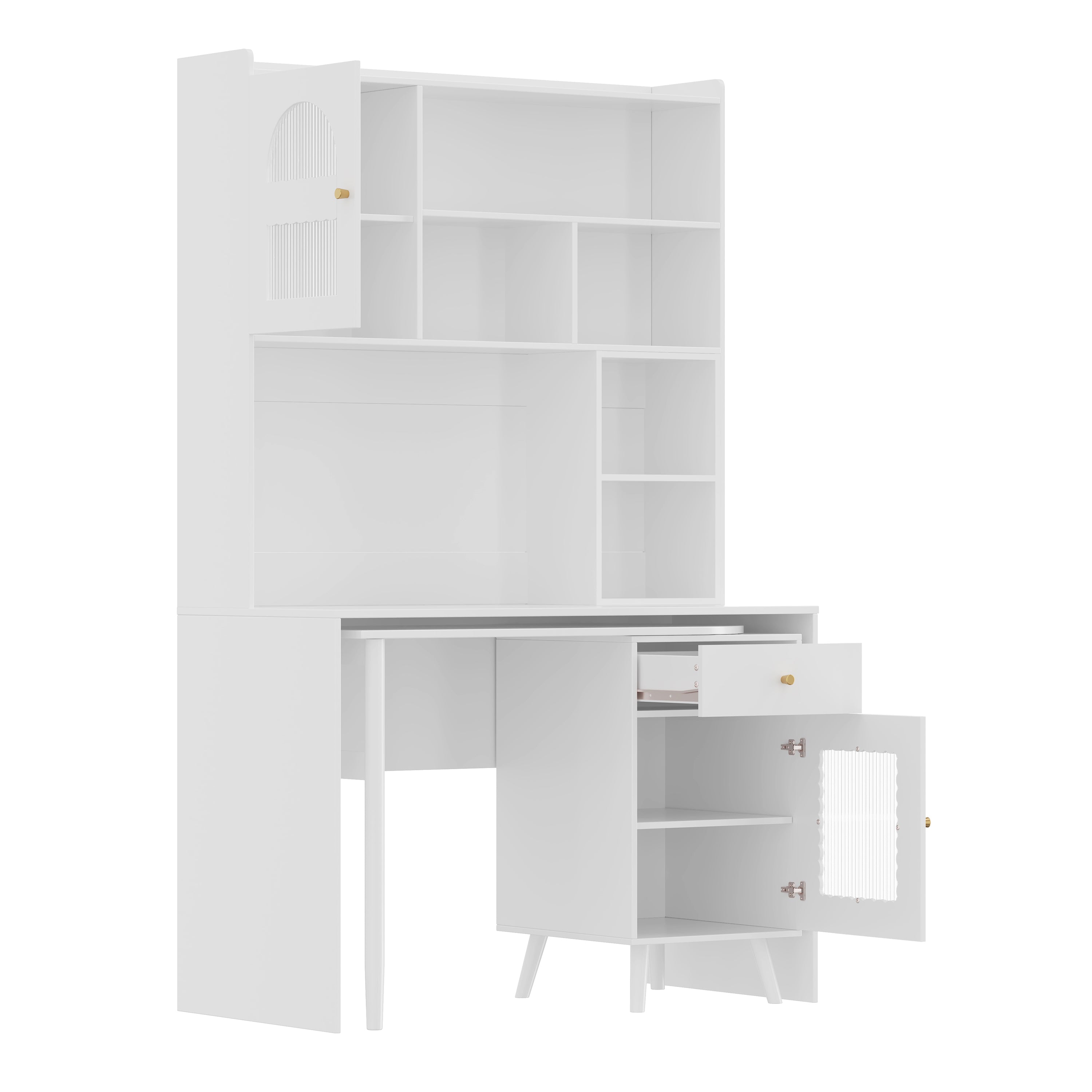 Computer Desk with 90 Degree Rotating Desktop, 43x70 Inch Office Desk with Storage Drawer and Cabinets, Gaming Desk with Shelves, Writing Desk for Study, Work Desk for Home Office Bedroom Living Room