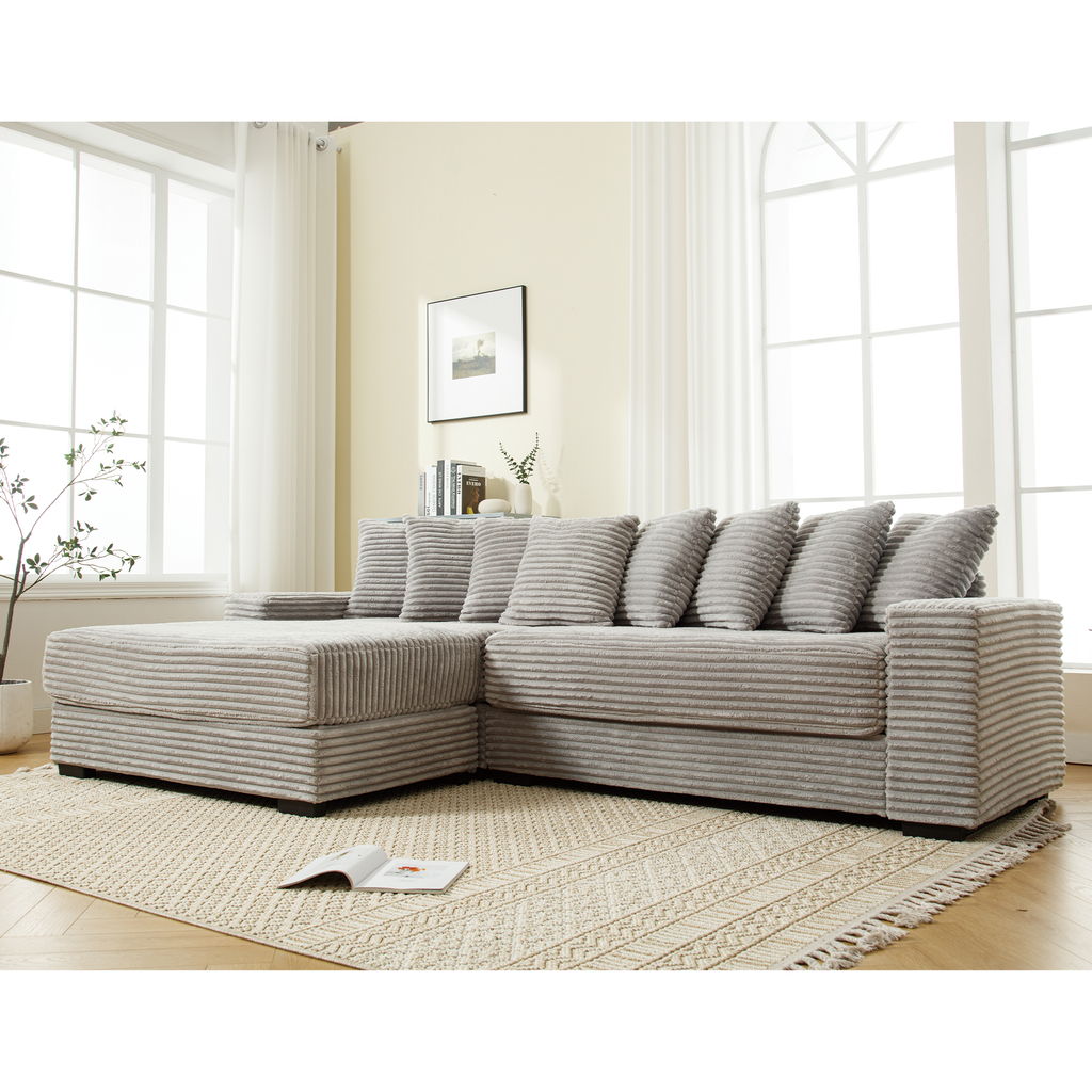 [NEW ARRIVED] [VIDEO PROVIDED] Oversized Two-Piece  Couches,  L Shaped Sofa, Corduroy, Left Chaise Daybed,with Armrests,Eight Throw Pillows,Corner Sofa,Easy To Assemble,  Gray