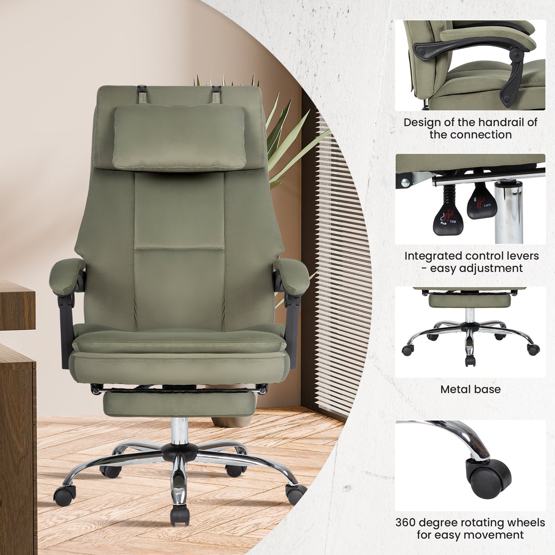 Office Chair, Big and Tall Executive Office Chair with Footrest & Removable Headrest, High Back Ergonomic Computer Desk Chair Work Chair With Comfortable Frosted Velvet (Green)