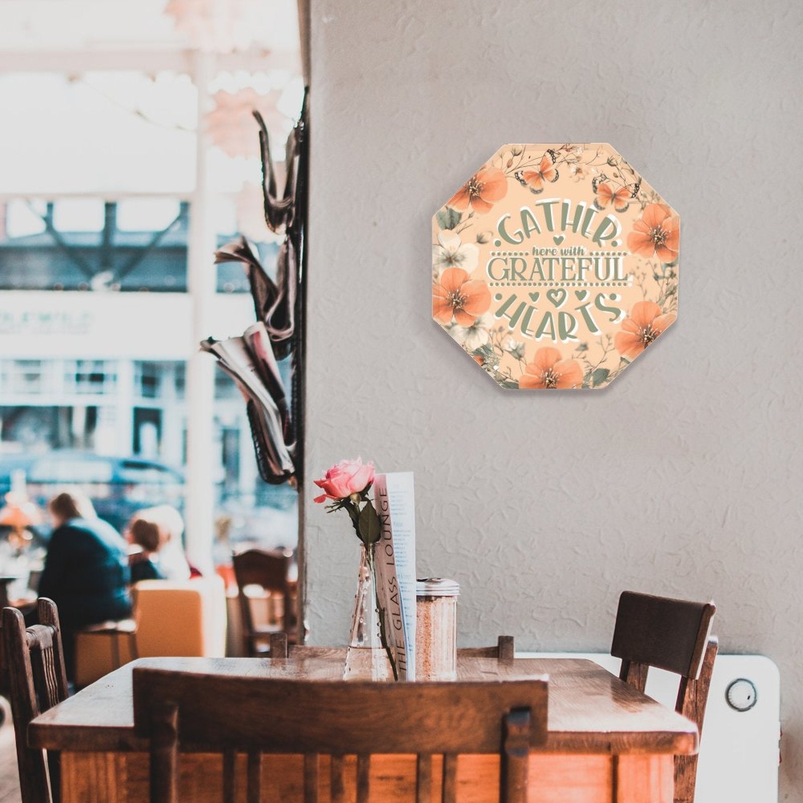 Gather Here with Grateful Hearts Orange Octagonal Metal Decorative Sign - 12"x12"
