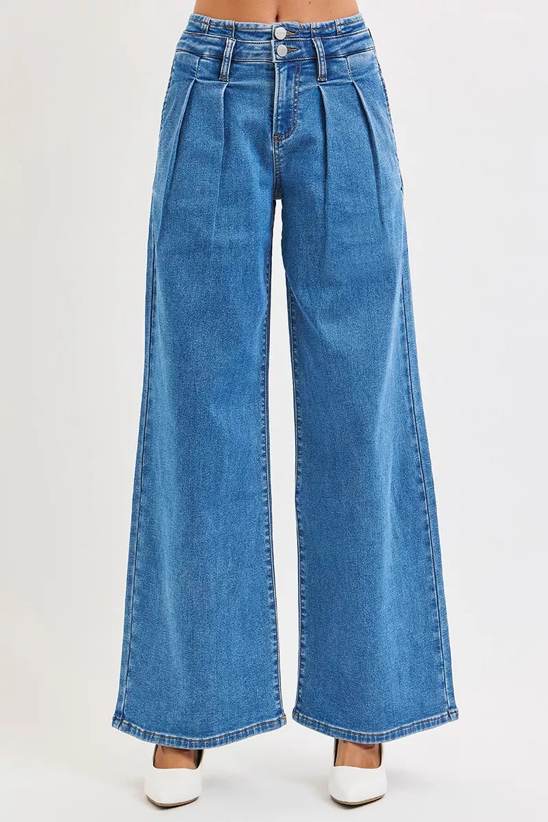 RISEN Plus Size Mid Rise Wide Leg Jeans With Pleated Detail For Flattering All Day Comfort Full Size