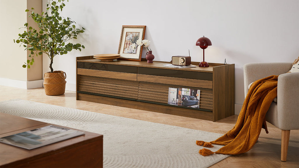 Mirod Modern TV Stand with Ample Storage,4 Drawer Design with Tempered Glass ,Built-in Charging Ports and Ambient LED Lighting ,Versatile for Any Decor Style