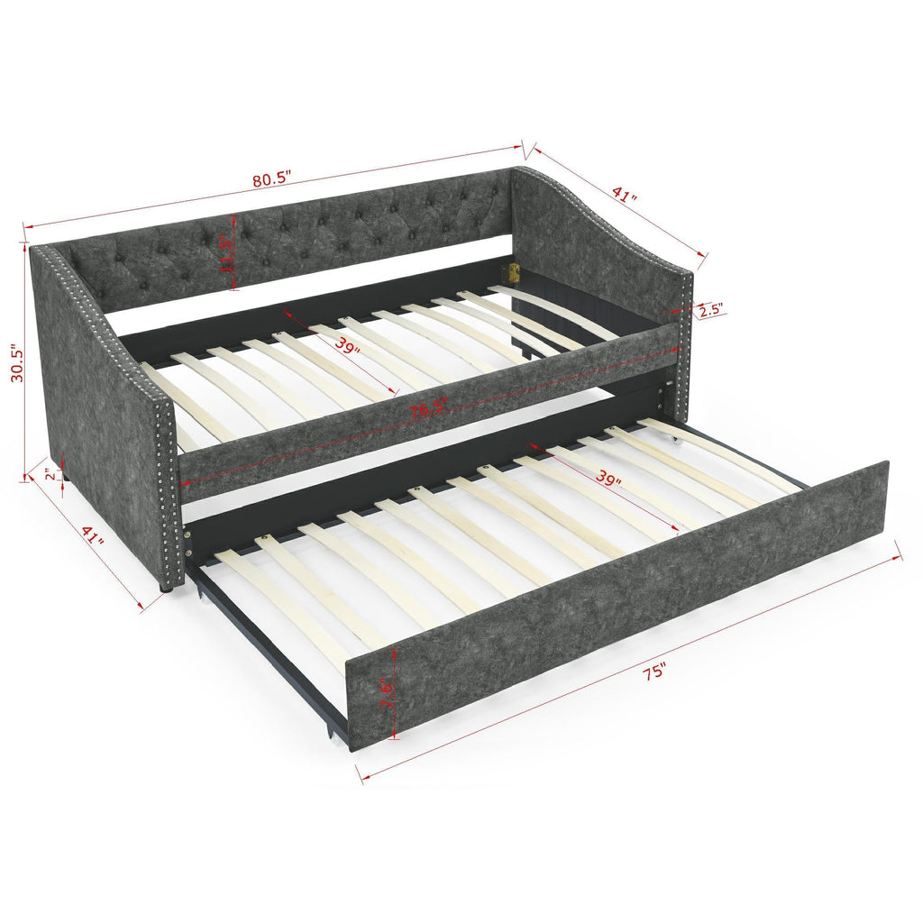 Twin Size Daybed with Twin Size Trundle Upholstered Tufted Sofa Bed, with Button on Back and Copper Nail on Waved Shape Arms, Grey (80.5'x41'x30.5')