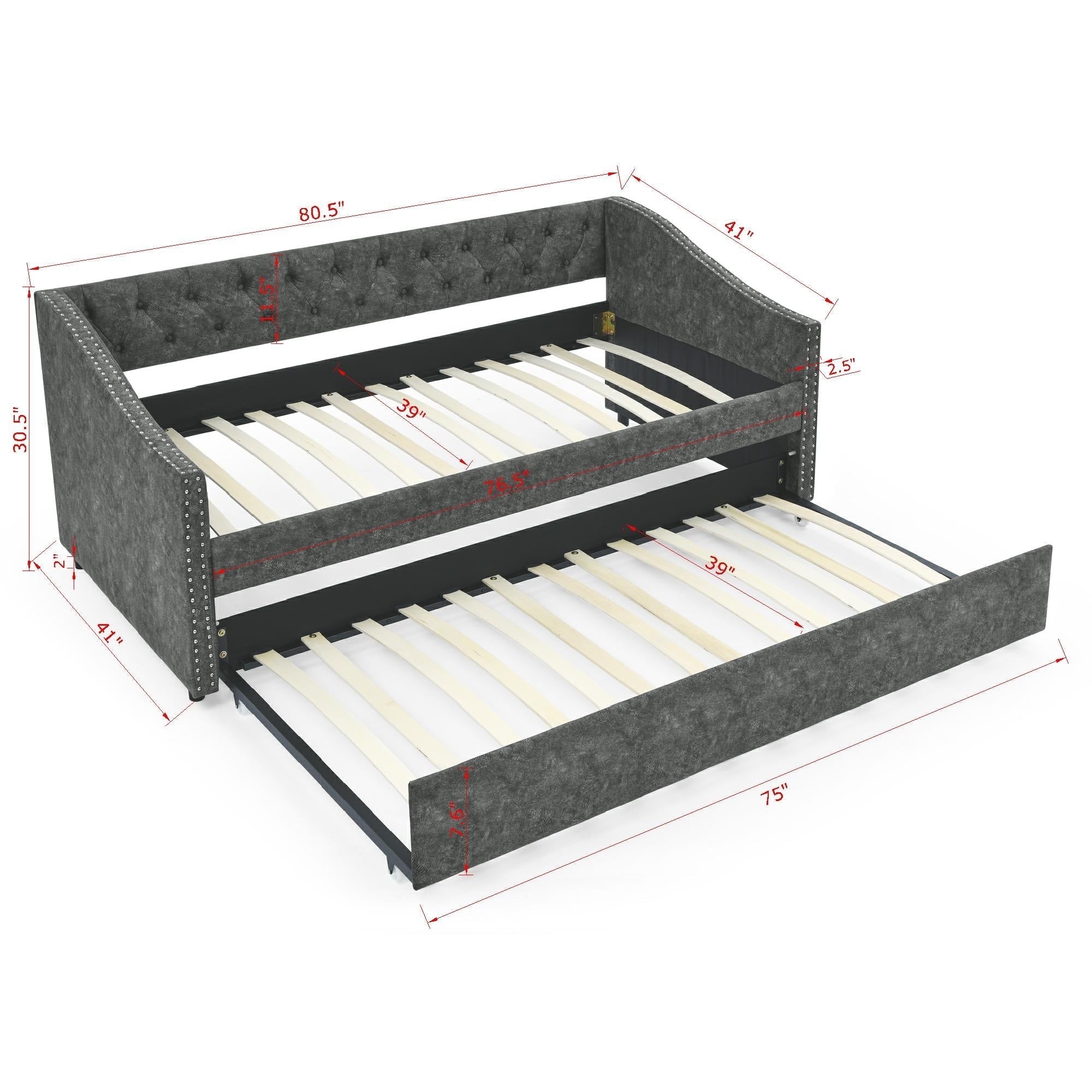 Twin Size Daybed with Twin Size Trundle Upholstered Tufted Sofa Bed, with Button on Back and Copper Nail on Waved Shape Arms, Grey (80.5'x41'x30.5')