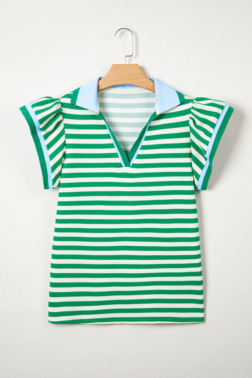 Stripe Contrast Trim Polo Collar Ruffle Sleeve Blouse