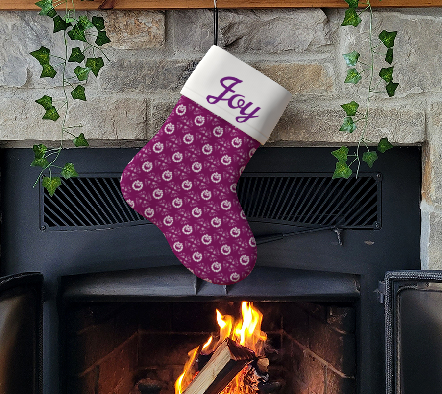Christmas Wreaths on Plum with Joy Christmas Stocking