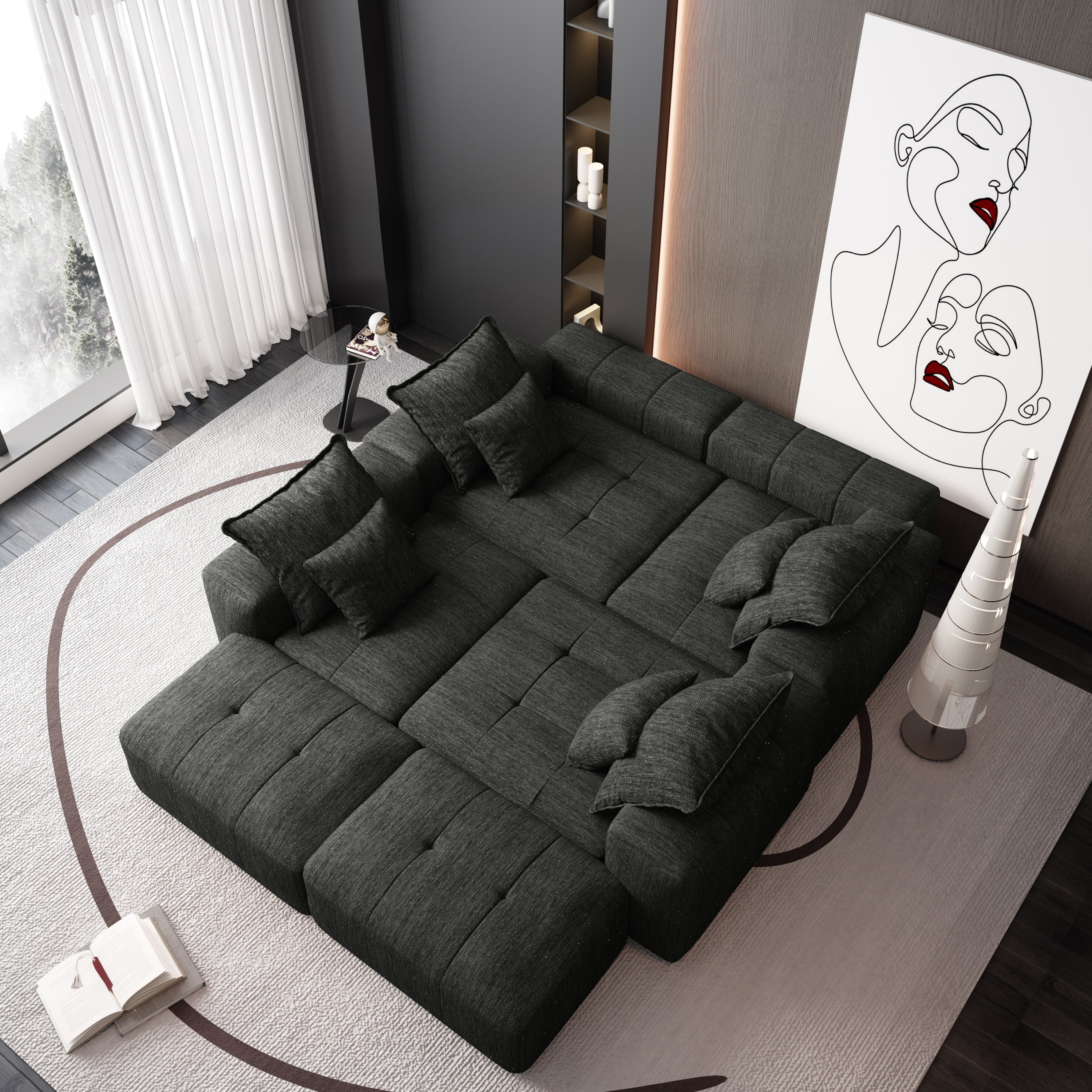 Modern Oversized Modular Sectional Sofa, Sparkling Chenille Fabric Soft Cushion Sofa with 8 Pillows, 8 PCS DIY Combination Tufted Sofa, No Assembly Required, BLACK