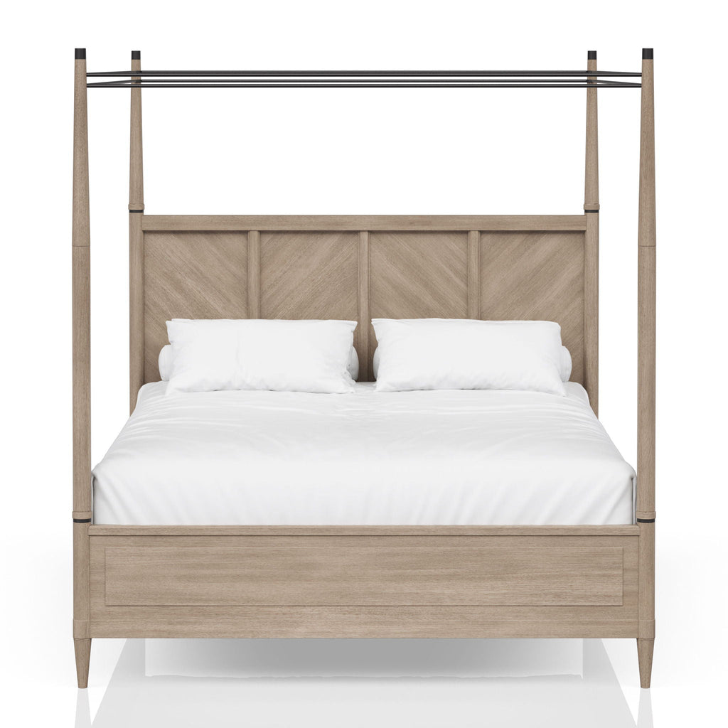 Queen Canopy Bedroom Set With A 2 Drawer Nightstand A Dresser With Poster Mirror And A Door Chest - Sand