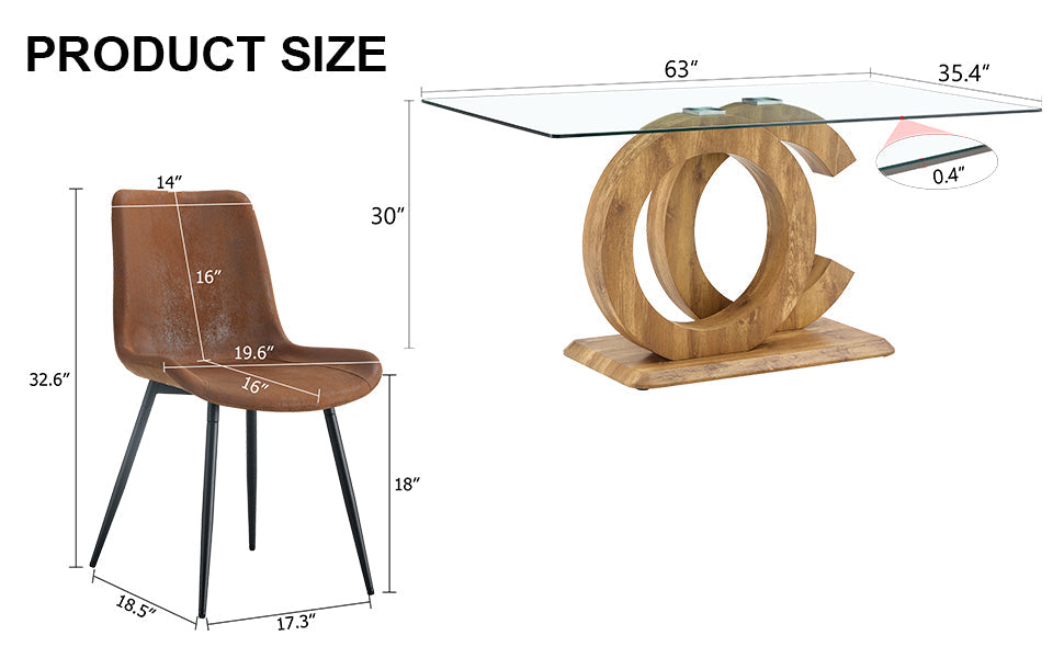 1 table and 4 chairs set.63'x35.4x30' Rectangular Transprant Tempered glass Dining Tabletop with Wood color MDF OC shaped bracket.Paired with 4 brown technology fabric dining chairs.W1151S02014