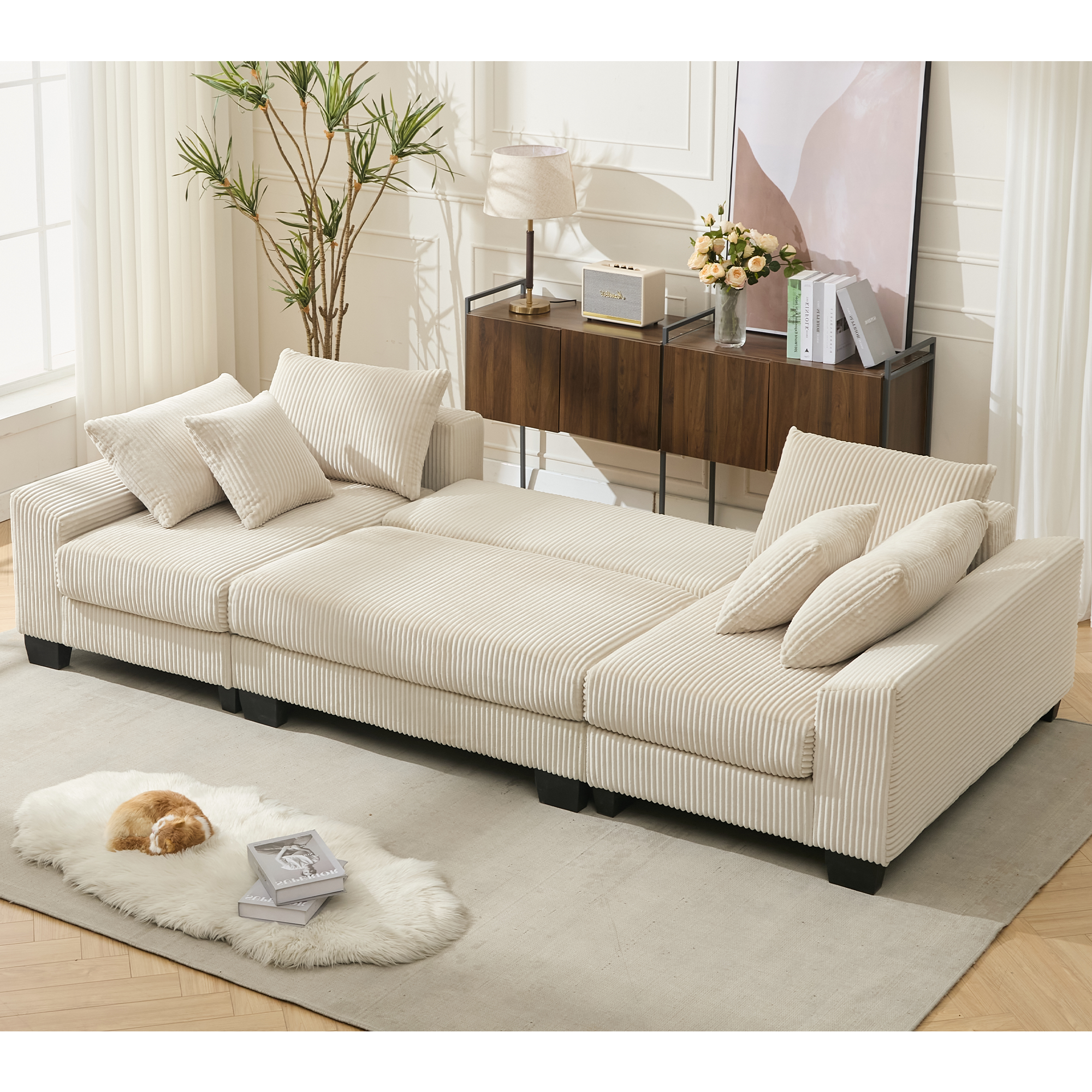 [NEW ARRIVED] [VIDEO PROVIDED] 114' Sleeper Sofa,U Shaped Sofa , Pull Out Bed,Convertible Oversize 2 in 1 Sleeper Sofa, Living Room,Upholstery Sofa Bed,Adjustable Sleeper Sofa,Corduroy,Beige