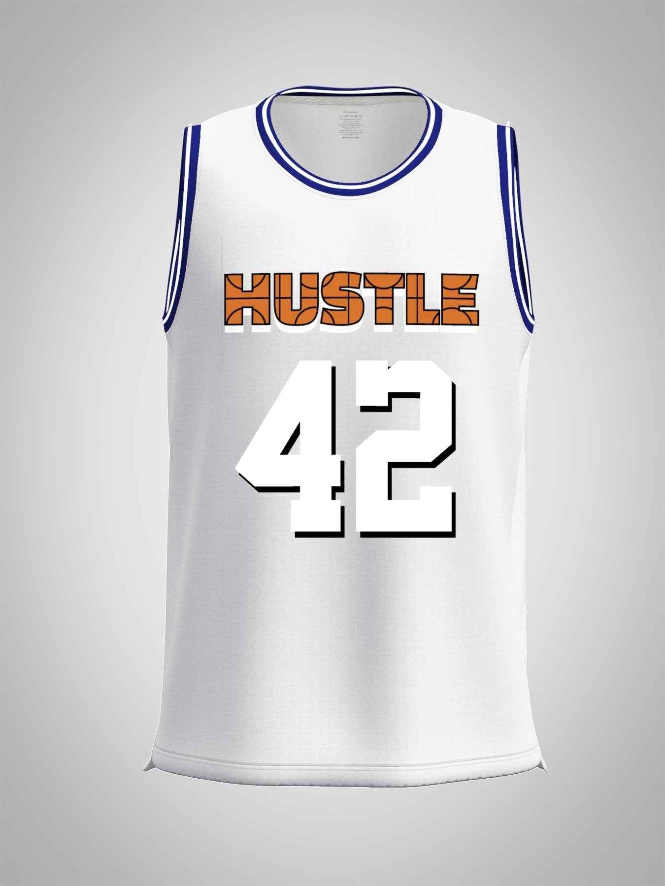 Hustle 42 Adult White with Blue Trim Basketball Jersey | Ships From USA