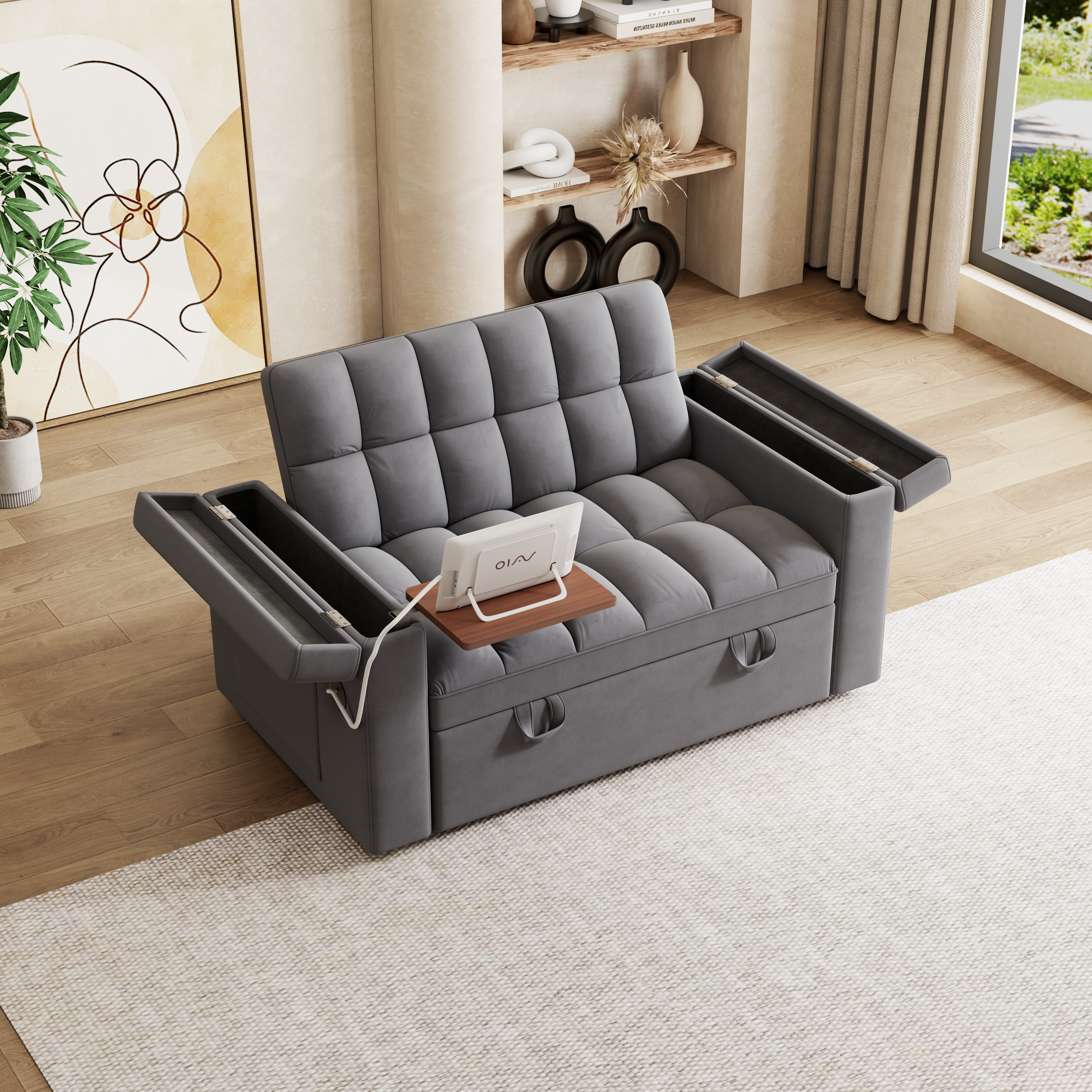 65-inch 3-in-1 foldable large-sized computer desk sofa bed, modern velvet double sofa, sofa bed with adjustable backrest, storage bag and pillow, hidden living room laptop desk, with USB port