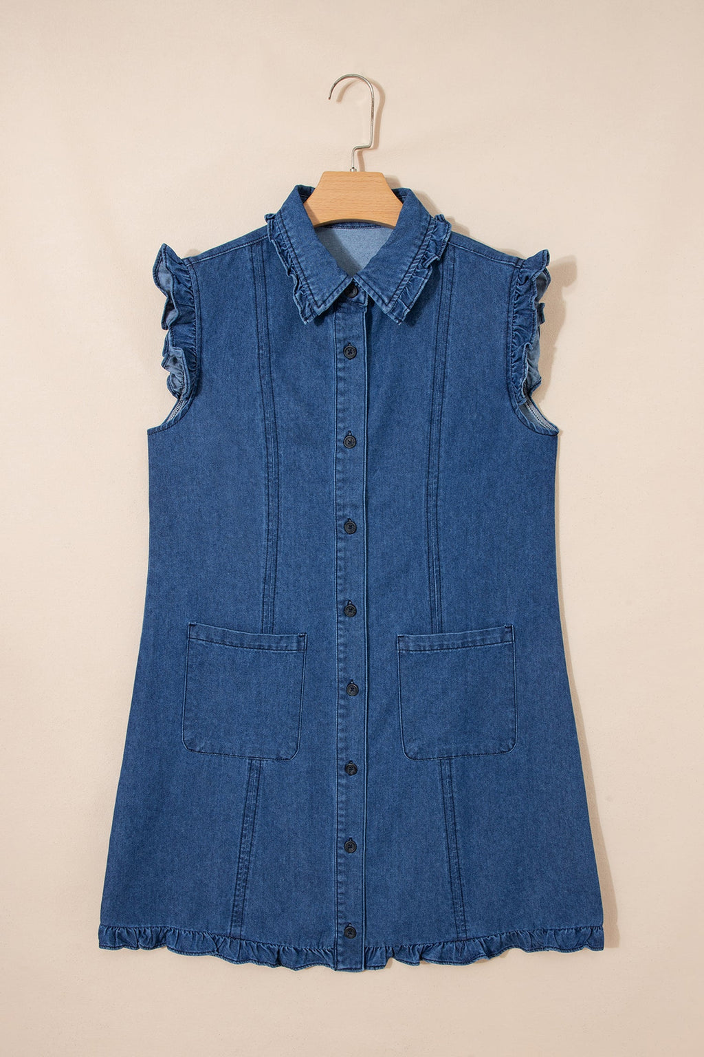 Denim Ruffle Edge Collared Button Up Dress