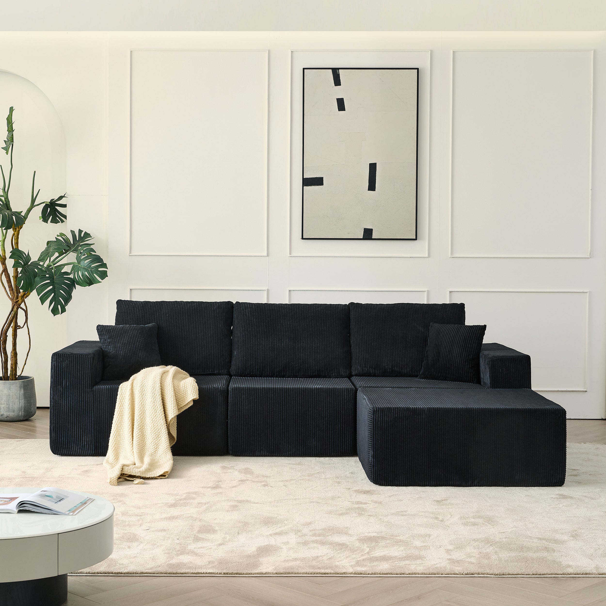 110' Cloud Modular Sectional Sofa,Boneless Couch, No Assembly, 3 seater with Ottoman & 2 Pillows, Perfect for Living Rooms and Bedrooms