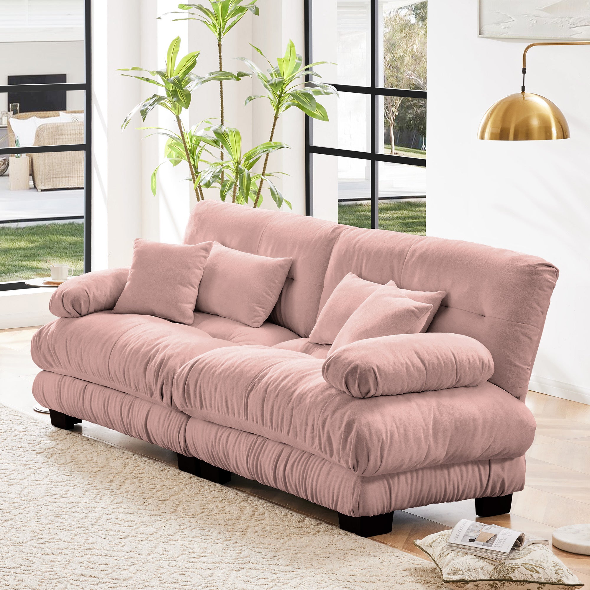 Cloud Couch 2 Seater Sofa for Living Room, Chenille 2 - Seat sofa with 2 Lumbar pillows and 2 throw pillows,Chenille Pink