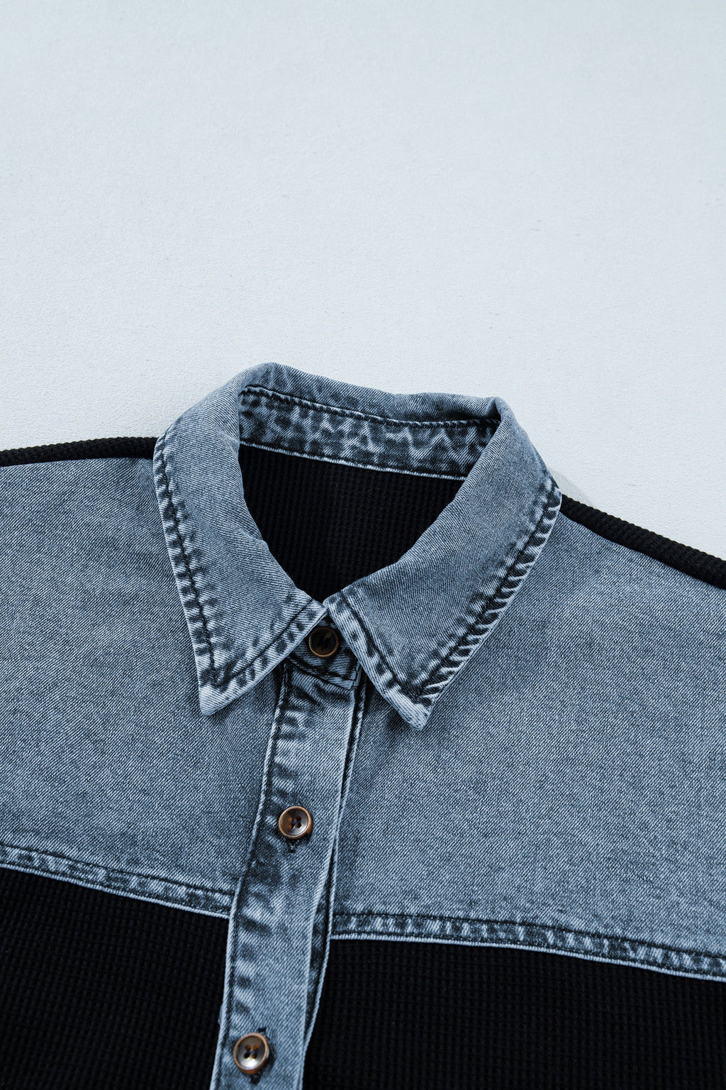 Colorblock Denim Patchwork Waffle Knit Buttoned Shirt