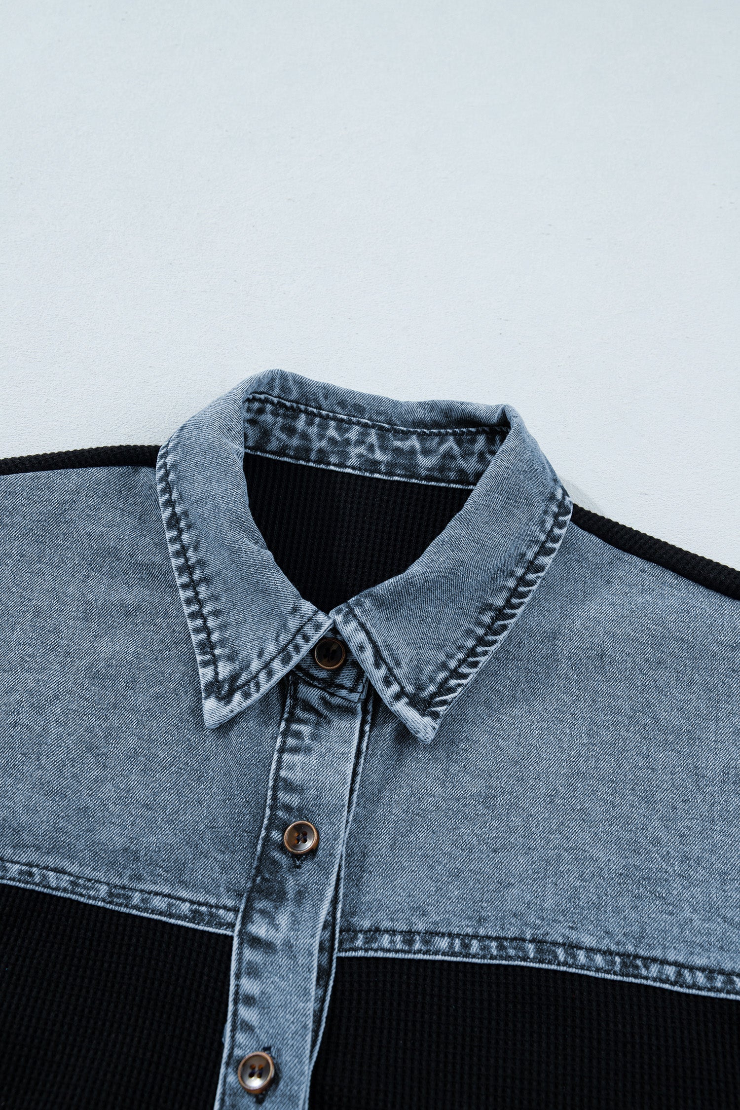 Colorblock Denim Patchwork Waffle Knit Buttoned Shirt