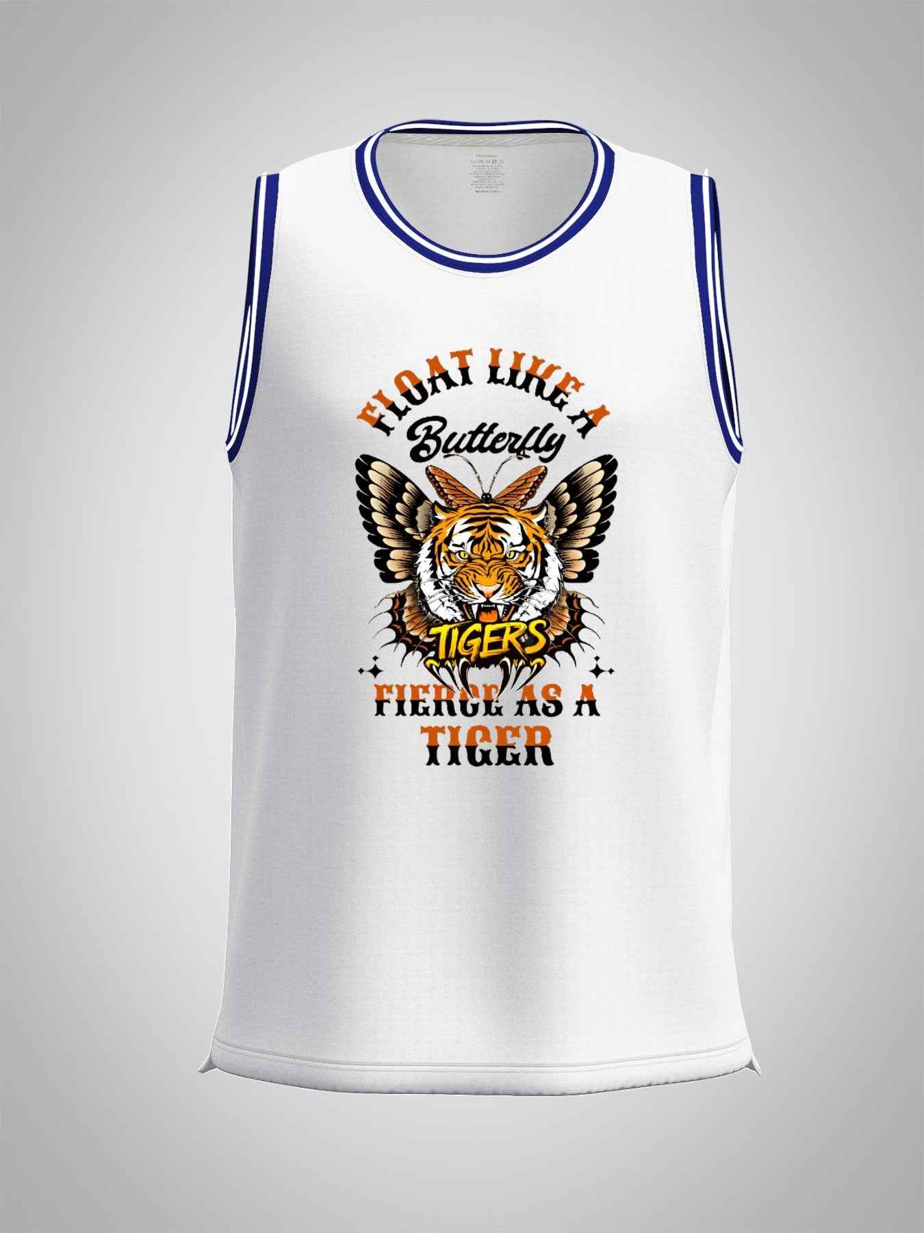 Float Like a Butterfly Fierce as a Tiger Adult White with Trim Basketball Jersey | Ships From USA