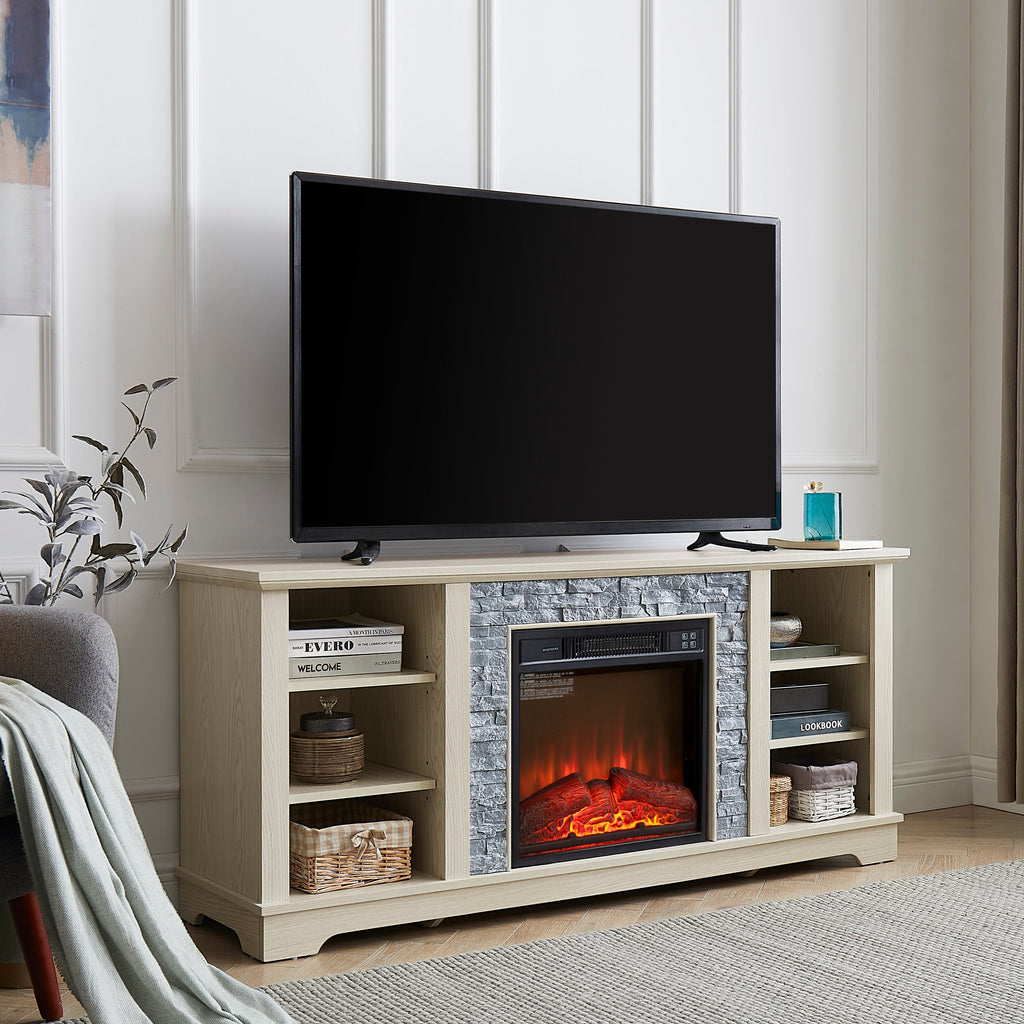 Mantel Electric Fireplace Stone TV Media Stand, Open Storage Modern Entertainment Console  Space with 18' Fireplace Insert, White, 58.31'W*15.39'D*26.06'H
