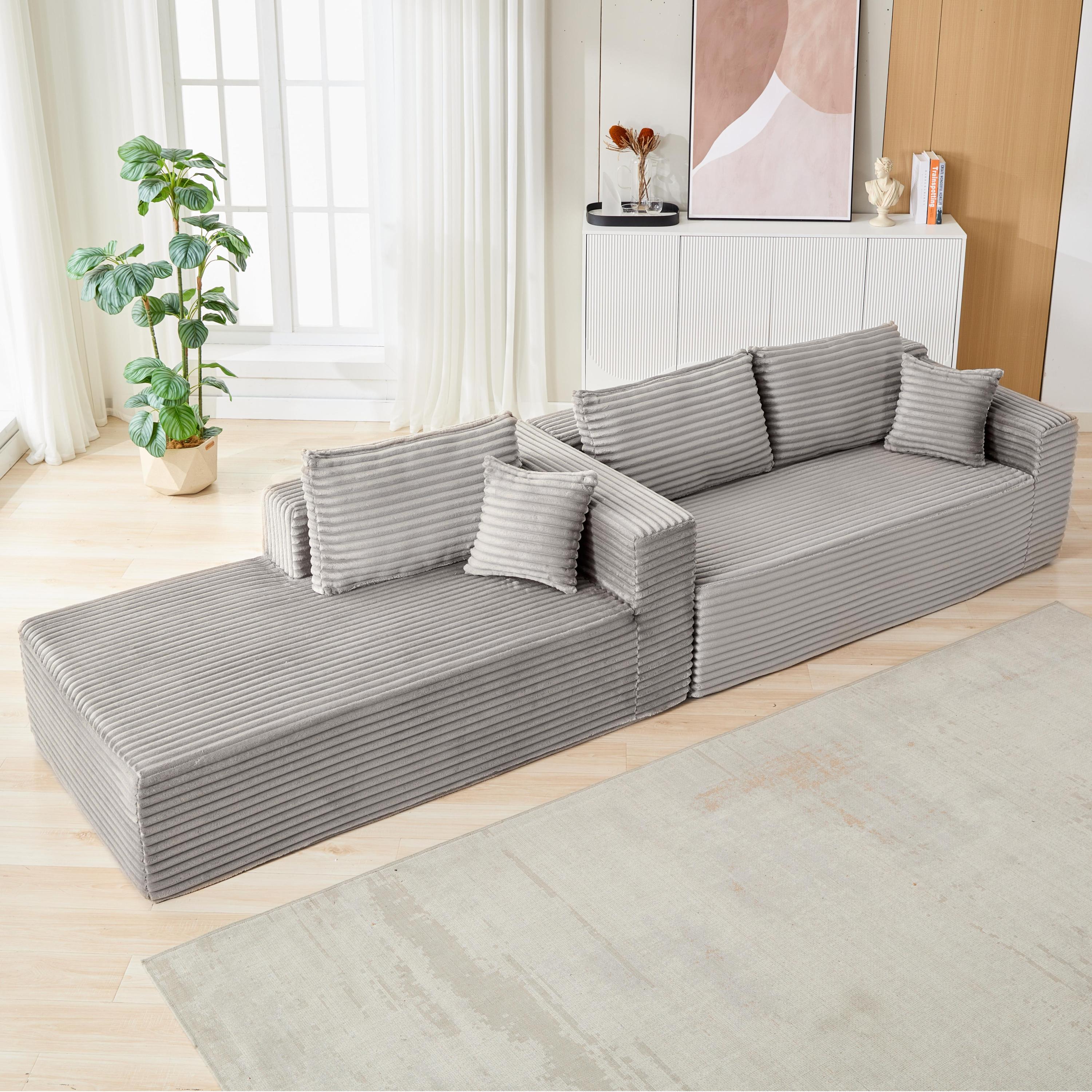 Compression Sectional Couch with Comfy Chaise, Boneless L Shape Sofa with Deep Seat, Minimalist Modular Couches Sleeper for Living Room Bedroom Apartment Lounge,corduroy,Grey