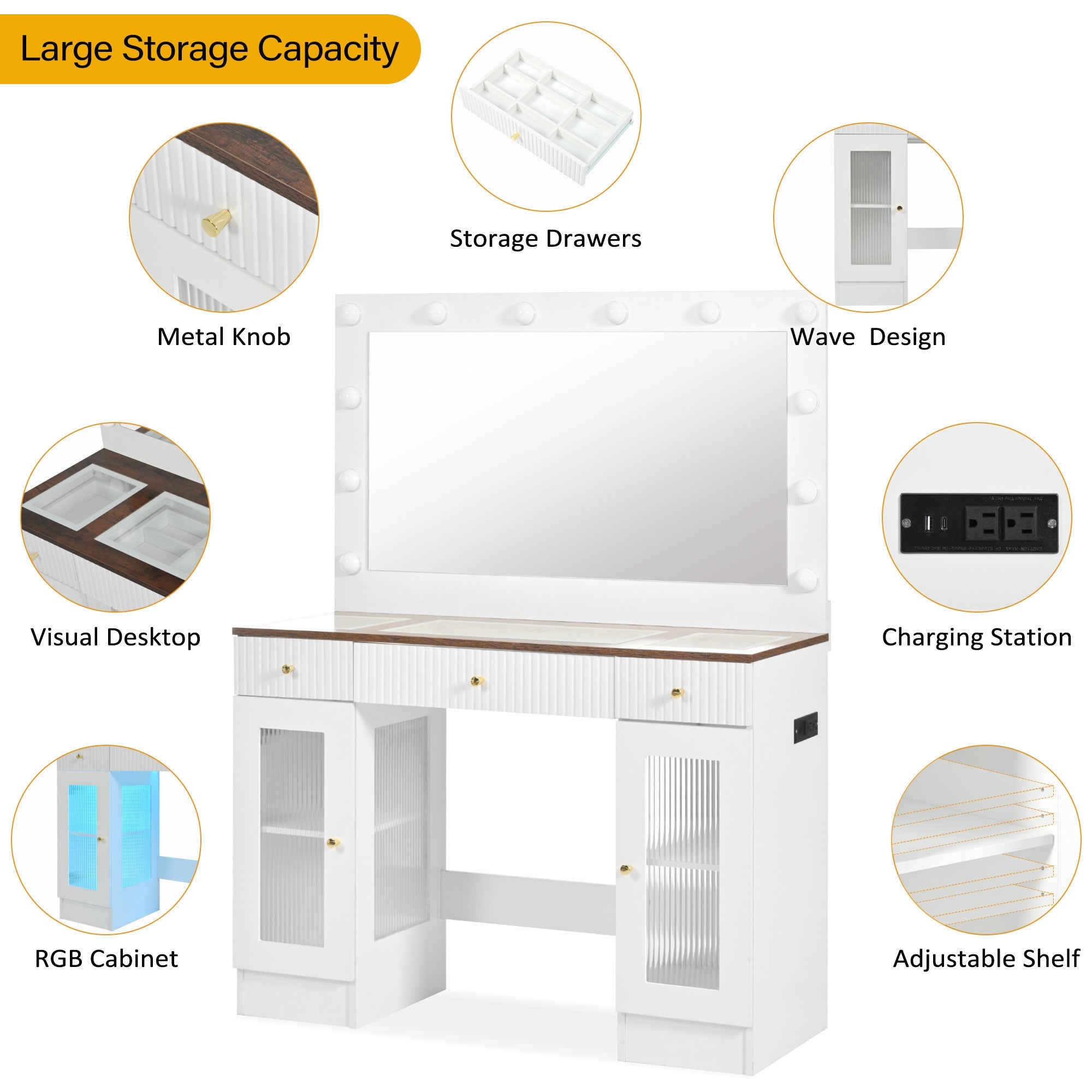 43.3' Vanity Desk with Large Mirror and Hollywood Bulbs, Modern Glass Top Makeup Vanity with Drawers and Power Outlet, Large Dressing Table with 3 Color Lighting Modes & RGB Cabinets for Bedroom