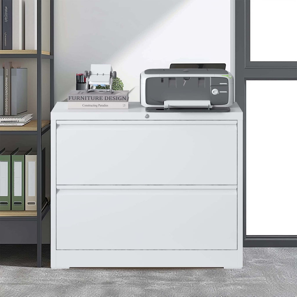 Modern 2-Drawer Steel Lateral File Cabinet with Lock, White Metal Filing Cabinet for Home Office Use
