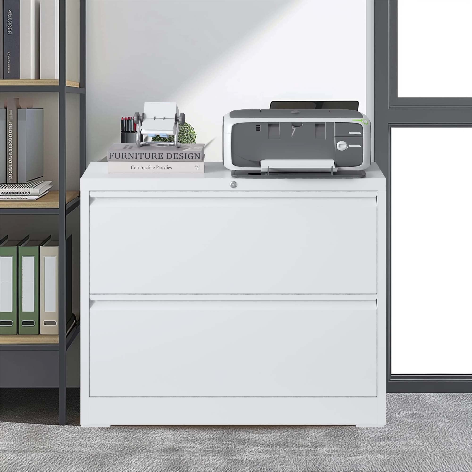 Modern 2-Drawer Steel Lateral File Cabinet with Lock, White Metal Filing Cabinet for Home Office Use