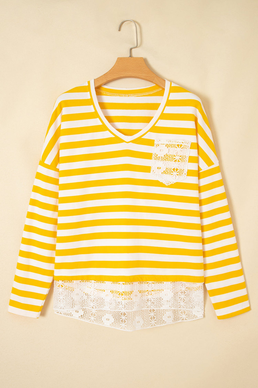 Stripe Lace Patchwork V-Neck Long Sleeve Top