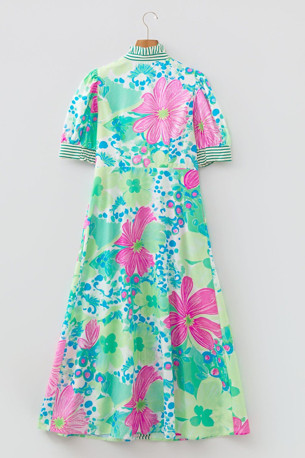 Floral Stripe Trim Button Down Vacation Dress