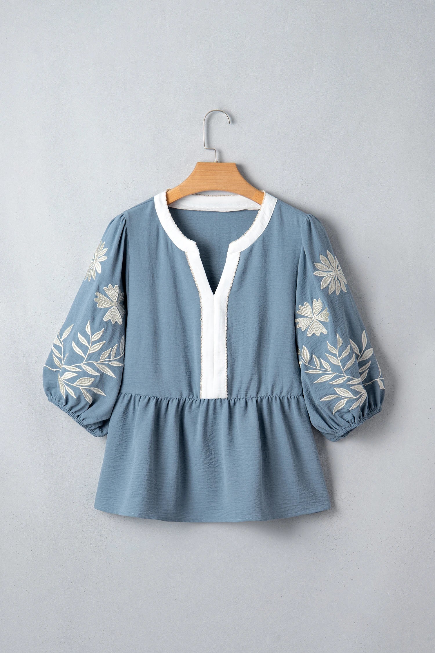 Floral Embroidered Colorblock Puff Sleeve Babydoll Blouse
