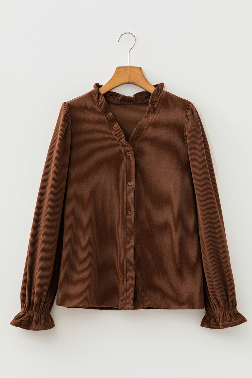 Solid Ruffle Trim V-Neck Long Sleeve Corduroy Shacket